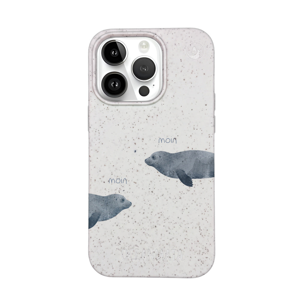 iPhone 14 pro Hülle - Robbe weiß - "mooornin" - nachhaltig