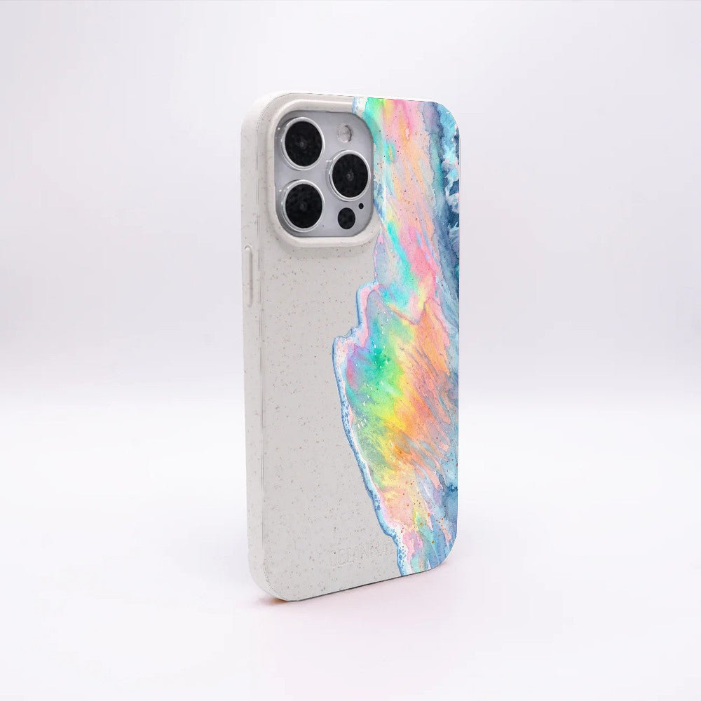 iPhone 16e Hülle - Regenbogen Welle weiß - "WaveOfPride" - nachhaltig